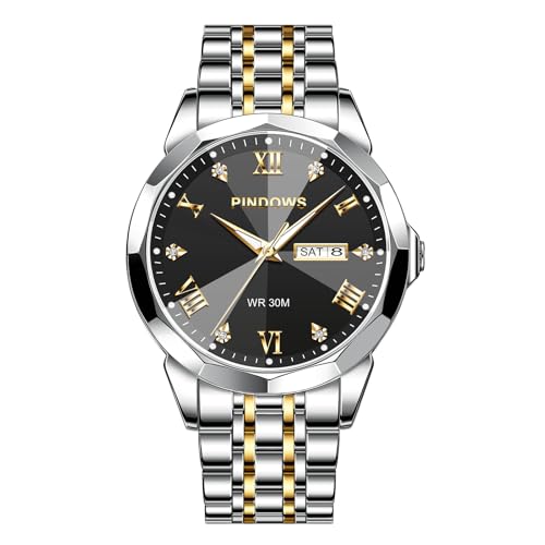 PINDOWSメンズ腕時計 ダイヤモンドビジネスドレスアナログクオーツ腕時計 高級防水ルミナスデイト ツトーンステンレススチールバンド クラシックファッションメンズウォッチ